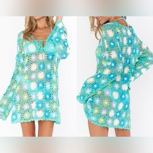 Show Me Your MuMu Crochet Swim Coverup in Aqua, Turquoise & White